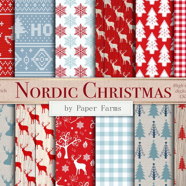 Papel digital nórdico de Navidad, papel de álbum de recortes de Navidad nórdico, escandinavo, de punto, rústico, madera, reno, plaid, 12 x 12, DESCARGAR