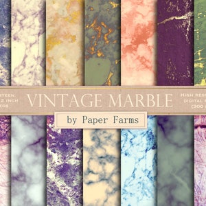 May include: Fourteen 12x12 inch digital paper backgrounds featuring vintage marble patterns in various colors, including green, purple, pink, and blue. High resolution (300 DPI).