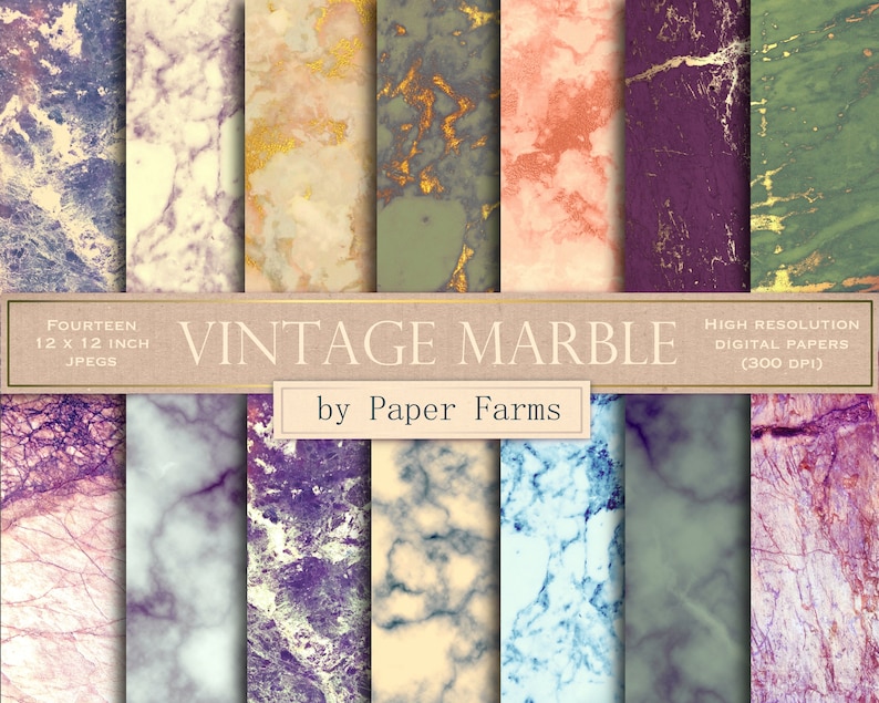 May include: Fourteen 12x12 inch digital paper backgrounds featuring vintage marble patterns in various colors, including green, purple, pink, and blue. High resolution (300 DPI).