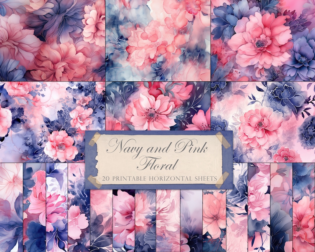 Floral Collage Sheets, Horizontal Sheets, Navy and Pink Floral, Vintage ...