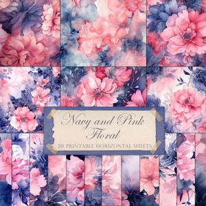 Feuilles de collage floral, feuilles horizontales, floral marine et rose, fleurs vintage, pages imprimables, fleurs aquarelles, pliables, TÉLÉCHARGEMENT