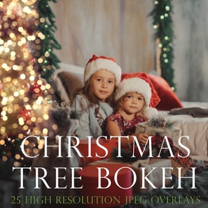May include: Two girls wearing red Santa hats sit on a bed with a Christmas tree in the background. The tree is decorated with lights and the image is blurred to create a bokeh effect. The text "Christmas Tree Bokeh" and "25 High Resolution JPEG Overlays" is displayed below the girls.