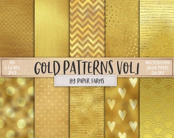 May include: Ten digital paper patterns in gold with various geometric designs, including polka dots, stripes, chevron, and hearts. The text "GOLD PATTERNS VOL. I" and "BY PAPER FARMS" is displayed on the image.