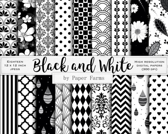 Black White Digital Paper, Black White Scrapbook Paper, Black White  Backgrounds, Black White Digital Patterns, Black and White, Geometric 