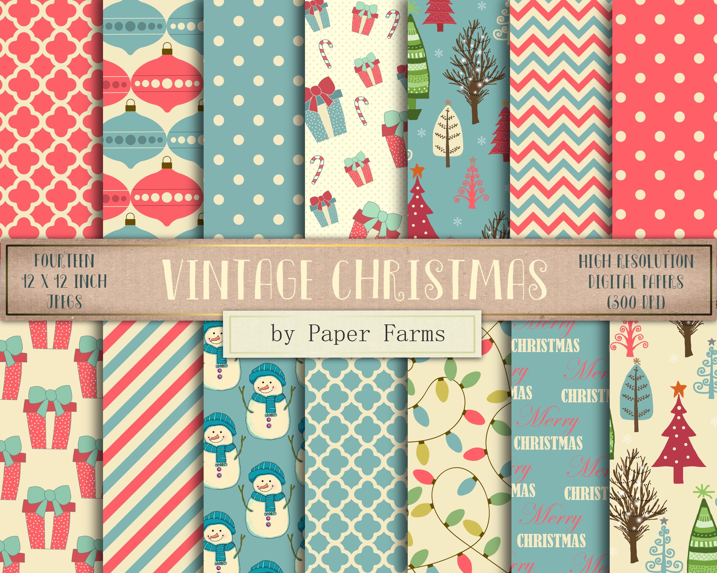 Vintage Christmas Digital Paper, Vintage Christmas Scrapbook Paper