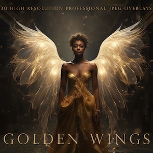 May include: A woman in a gold dress with large, glowing golden wings. The image has the text "30 HIGH RESOLUTION PROFESSIONAL JPEG OVERLAYS" at the top and "GOLDEN WINGS" at the bottom. The background is dark.