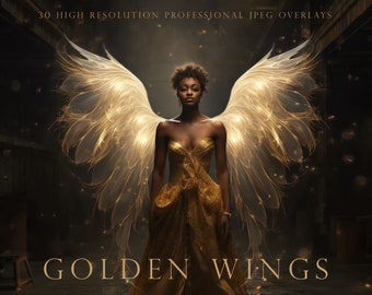 May include: A woman in a gold dress with large, glowing golden wings. The image has the text "30 HIGH RESOLUTION PROFESSIONAL JPEG OVERLAYS" at the top and "GOLDEN WINGS" at the bottom. The background is dark.