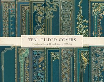 Vintage teal book cover, printable book cover, gilded gold, ornate, digital, digital paper, junk journal, scrapbook paper, turquoise, aqua
