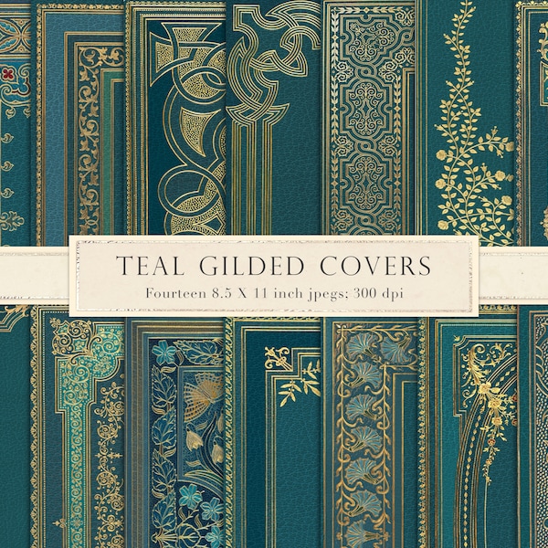 Vintage teal book cover, printable book cover, gilded gold, ornate, digital, digital paper, junk journal, scrapbook paper, turquoise, aqua