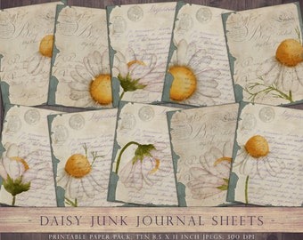Daisy junk journal sheets, junk journal, collage sheets, digital paper, 8.5 x 11, scrapbook paper, printable, letter-sized, daisy, DOWNLOAD