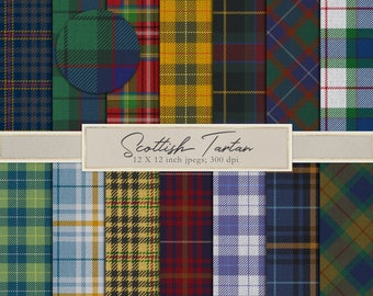 May include: A set of 12 digital paper patterns featuring various Scottish tartan designs in different colors, including red, blue, green, yellow, and black. Each pattern is 12 inches by 12 inches and 300 dpi.