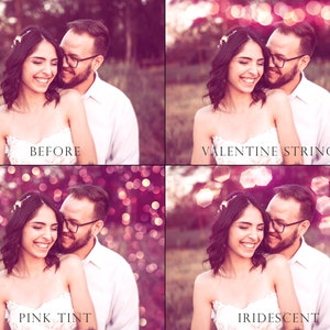 May include: A couple smiles at each other in a field. The image shows four different effects: the original image, a pink tint, iridescent lights, and Valentine's Day string lights.