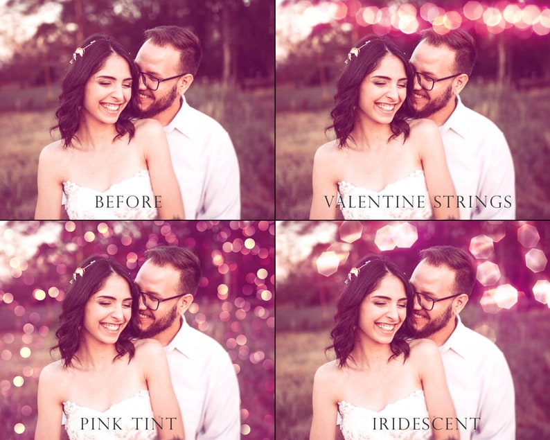 May include: A couple smiles at each other in a field. The image shows four different effects: the original image, a pink tint, iridescent lights, and Valentine's Day string lights.