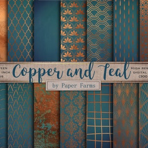 Copper teal, digital paper, scrapbook, metallic pattern, teal, metal, copper, blue, iridescent, raindrops, Art Deco, geometric, rustic, rust