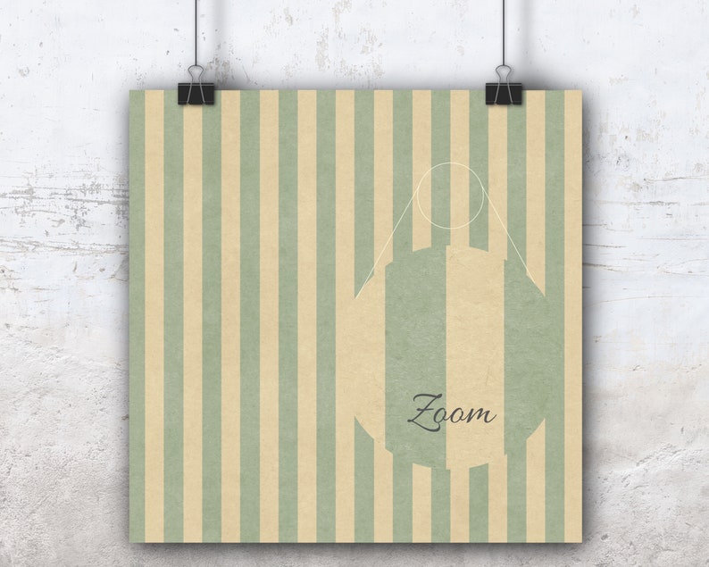 May include: A poster with a vintage aesthetic, featuring vertical stripes in beige and pale green. A stylized shape with the word "Zoom" is centered on the poster. The poster is held by two black binder clips.