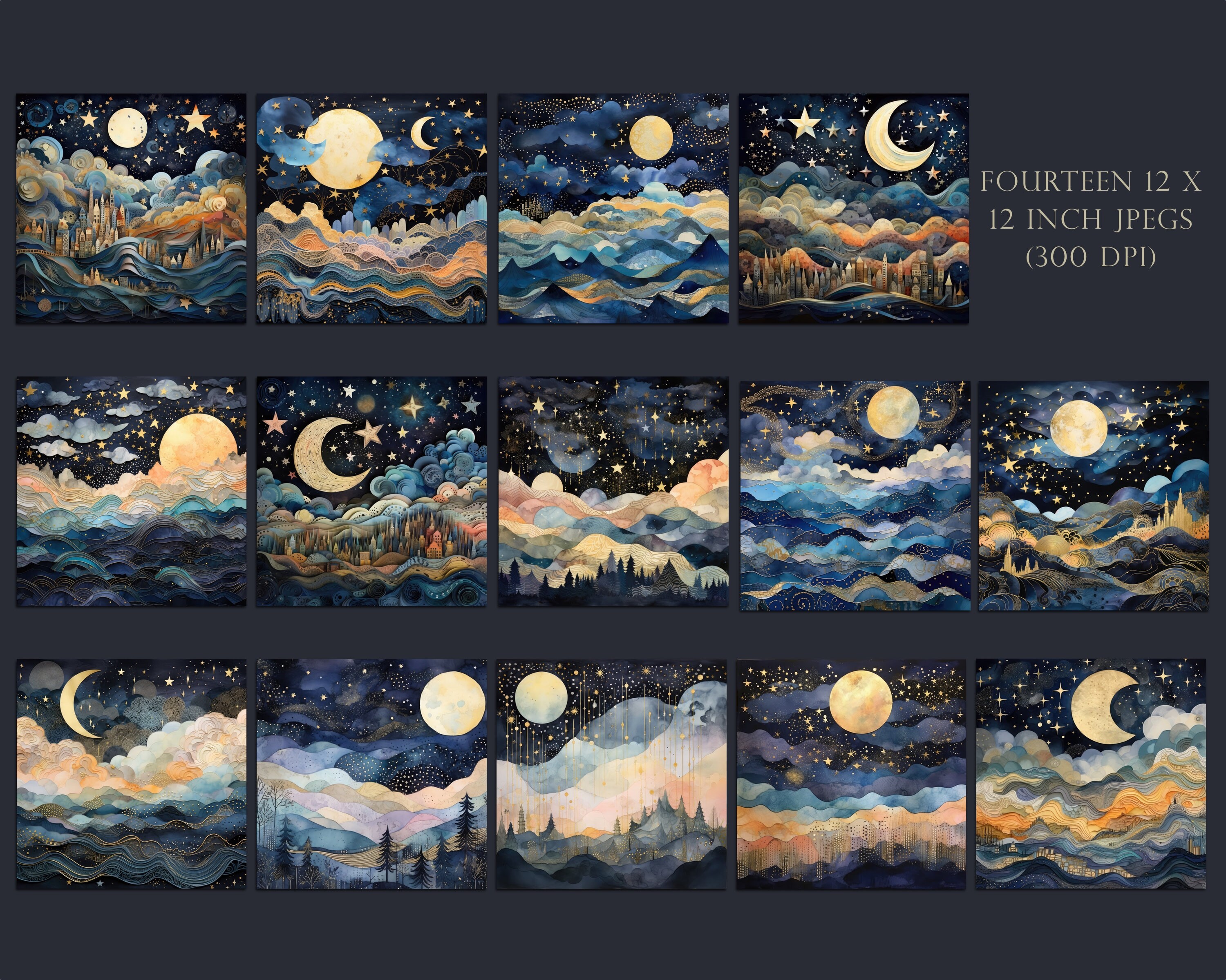 夜空のデジタルペーパー、紙のコラージュ、金色の星、月、星空