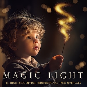 May include: A young child with curly brown hair looks up at a sparkling golden light effect. The image is titled "Magic Light" and includes the text "35 High Resolution Professional JPEG Overlays".