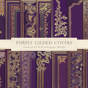 Portada de libro dorada, papel digital, papel de álbum de recortes, fondos, diario basura, imprimible, 8.5 x 11, tamaño carta, oro dorado, cuero morado