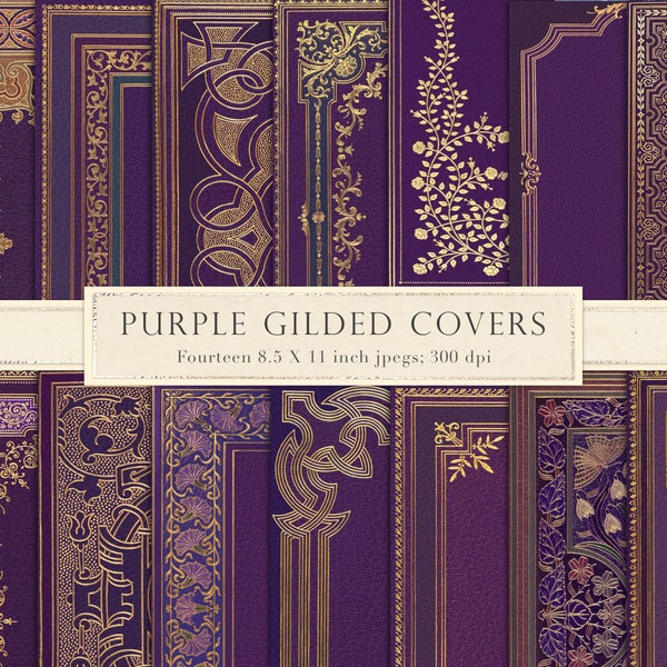 Gilded book cover, digital paper, scrapbook paper, backgrounds, junk journal, printable, 8.5 x 11, letter-sized, gilded gold, purple leather