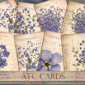 Cartões atc miosótis, pequenas folhas de colagem, folhas de diário indesejado, flor vintage, para impressão, floral vintage, cartão postal, roxo, DOWNLOAD