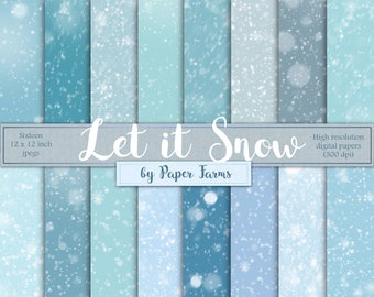 Può includere: Sedici sfondi di carta digitale con vari motivi di fiocchi di neve blu e bianchi. I fogli misurano 30,48 cm per 30,48 cm e hanno una risoluzione di 300 dpi. Il testo "Let it Snow" è scritto in un carattere decorativo con le parole "by Paper Farms" sotto.