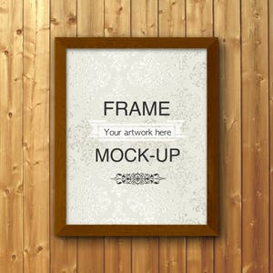 Könnte beinhalten: Ein brauner Holzrahmen mit weißem Hintergrund und dem Text "FRAME Your artwork here MOCK-UP" in Schwarz.