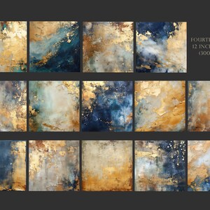 May include: Fourteen 12 x 12 inch digital art prints in a collage format. The prints feature abstract paintings with gold, blue, and white colors. The paintings have a textured look, like they were created with a brush or a palette knife.