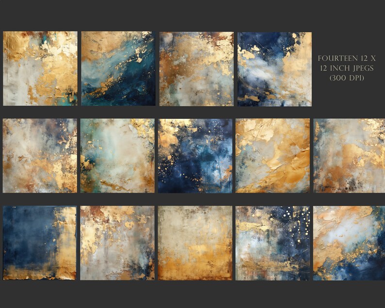 May include: Fourteen 12 x 12 inch digital art prints in a collage format. The prints feature abstract paintings with gold, blue, and white colors. The paintings have a textured look, like they were created with a brush or a palette knife.