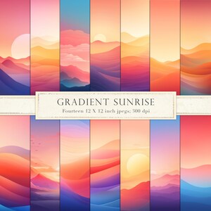 Pu&ograve; includere: Quattordici sfondi digitali di carta che presentano un'alba sfumata su una catena montuosa. I colori del gradiente vanno dal rosa all'arancione, al giallo e al blu. Il testo "GRADIENT SUNRISE" e "Fourteen 12 x 12 inch jpegs: 300 dpi" &egrave; incluso nell'immagine.