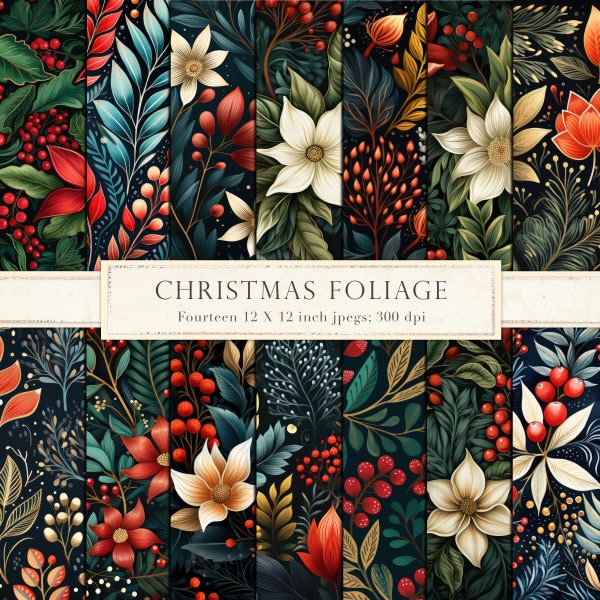 Christmas foliage digital paper, dark foliage, red berries, Christmas floral, dark, scrapbook paper, boho, pattern, winter foliage, DOWNLOAD
