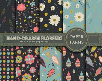 Floral digital paper, flower digital paper, hand-drawn flower digital paper, botanical digital paper, hand-drawn flower scrapbooking paper