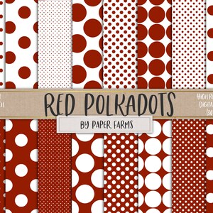 May include: Set of sixteen 12x12 inch digital papers featuring red polka dots on a white background. The papers are high resolution (300 DPI) and are perfect for crafting, scrapbooking, and other creative projects.