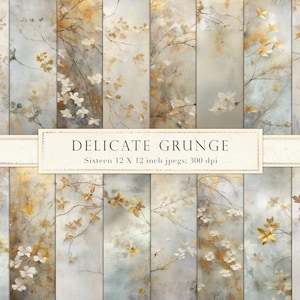 Ephemeral floral digital paper, metallic, shabby chic, gold grunge, foliage, delicate flowers, junk journal, distressed, DIGITAL DOWNLOAD