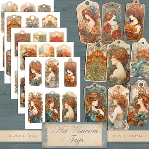 Art nouveau printable tags, art nouveau girls, art nouveau women, bag tags, junk journal, printable ephemera, vintage tags, INSTANT DOWNLOAD