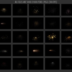 May include: A set of 25 digital images showcasing gold glitter and light effects against a black backdrop. The text "ALL FILES ARE 5000 X 4000 PIXEL JPEGS (300 DPI)" is displayed. Ideal for digital art and design, these images offer a range of sparkling effects.