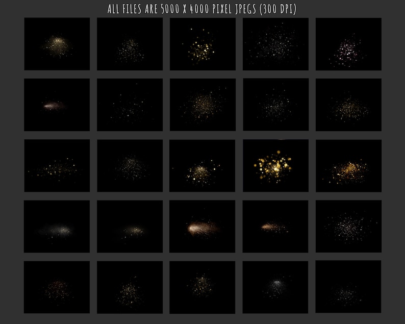 May include: A set of 25 digital images showcasing gold glitter and light effects against a black backdrop. The text "ALL FILES ARE 5000 X 4000 PIXEL JPEGS (300 DPI)" is displayed. Ideal for digital art and design, these images offer a range of sparkling effects.