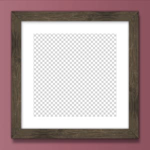 May include: A brown wooden picture frame with a white mount and a clear, transparent background. The frame is hanging on a pink wall.