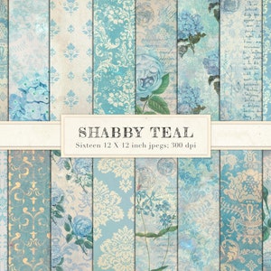 Papel digital chic en mal estado verde azulado, papel vintage, verde azulado, turquesa, diario basura, damasco vintage, rosas, hortensia, angustiado, papel, DESCARGAR