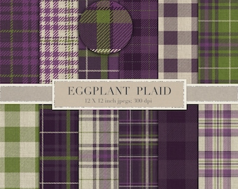 Eggplant plaid, dark, purple, green, plaid, digital paper, real, realistic, scrapbook paper, textured, tartan, gingham, printable, DOWNLOAD