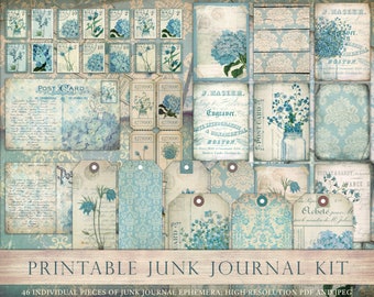 Printable junk journal kit, ephemera, teal junk journal, damask, horizontal, collage sheets, journal supplies, vintage, printable, DIGITAL