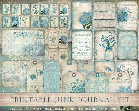 Printable Junk Journal Kit, Ephemera, Teal Junk Journal, Damask,  Horizontal, Collage Sheets, Journal Supplies, Vintage, Printable, DIGITAL 