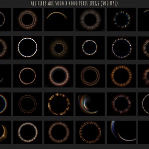 May include: A collection of 25 digital light effects in the form of circles and crescent shapes. The effects are rendered in various colors, including gold, blue, red, and white, on a black background.