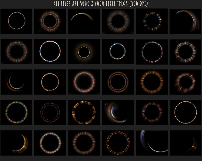 May include: A collection of 25 digital light effects in the form of circles and crescent shapes. The effects are rendered in various colors, including gold, blue, red, and white, on a black background.
