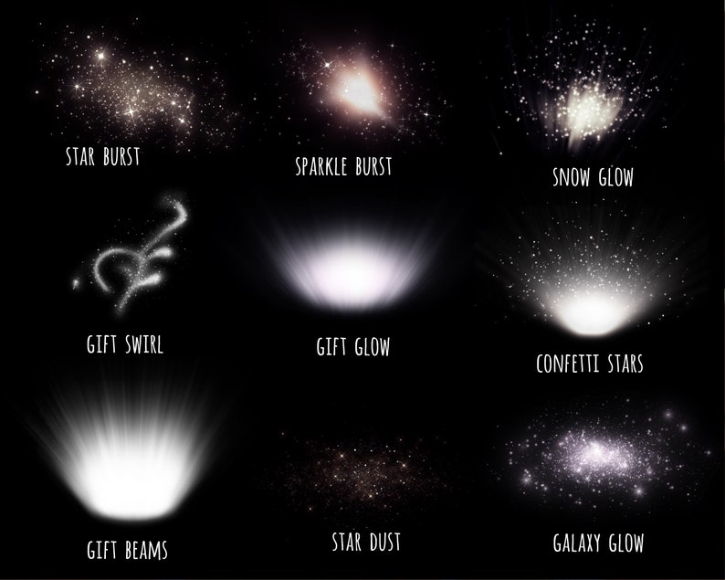 May include: A digital illustration of nine different types of sparkling effects, including star burst, sparkle burst, snow glow, gift swirl, gift glow, confetti stars, gift beams, star dust, and galaxy glow.