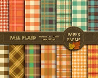 May include: Fourteen digital paper patterns featuring various plaid designs in fall colors like orange, red, brown, green, and cream. The patterns are 12 inches by 12 inches and 300 dpi. The text "FALL PLAID" and "PAPER FARMS" is included in the image.