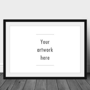 May include: A black framed picture with a white mat and a white background. The text "Your artwork here" is centered on the white background.