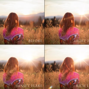 May include: A woman with long brown hair stands in a field of tall grass, facing away from the camera. The sun is setting in the background, creating a warm glow. The image shows four different versions of the same photo, with varying levels of light flare and brightness. The text "BEFORE", "LIGHT FLARE", "SUNSET FLARE", and "RICH LIGHT" are displayed below each image.