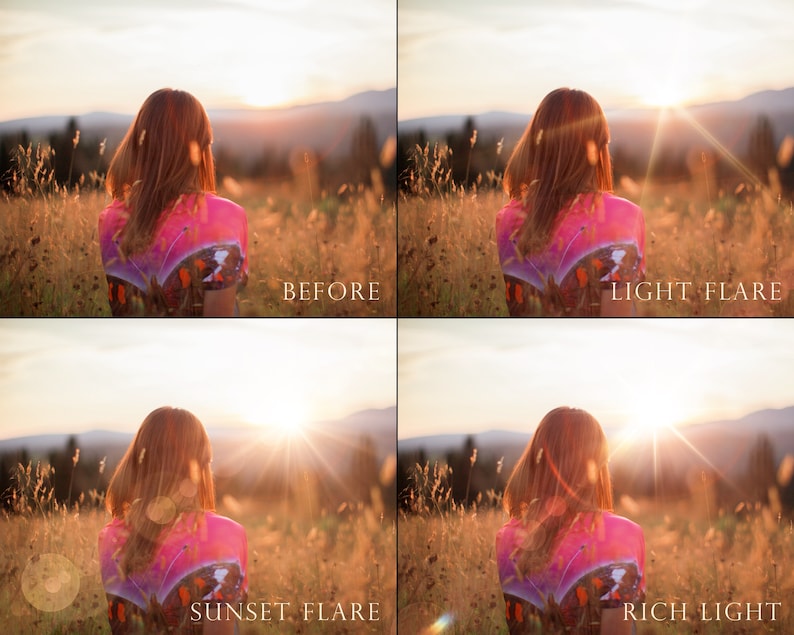 May include: A woman with long brown hair stands in a field of tall grass, facing away from the camera. The sun is setting in the background, creating a warm glow. The image shows four different versions of the same photo, with varying levels of light flare and brightness. The text "BEFORE", "LIGHT FLARE", "SUNSET FLARE", and "RICH LIGHT" are displayed below each image.