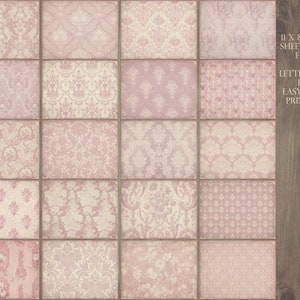 May include: Twenty 11 x 8.5 inch digital paper sheets with pink and white damask patterns. Letter-sized for easy home printing.