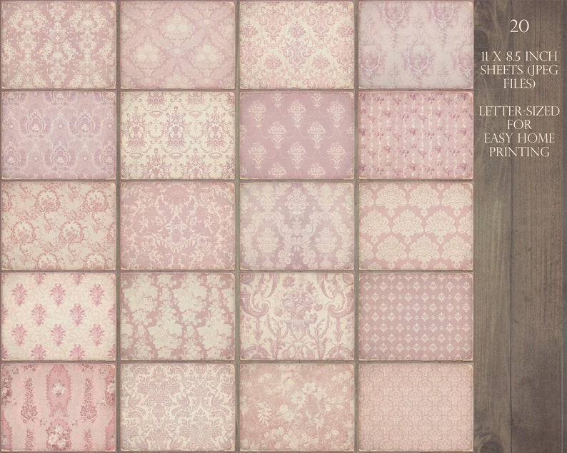 May include: Twenty 11 x 8.5 inch digital paper sheets with pink and white damask patterns. Letter-sized for easy home printing.